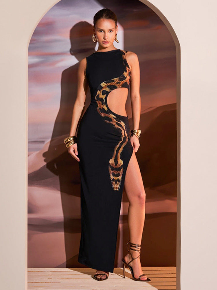 High Slit Hollow Out Snake Print Maxi Dress