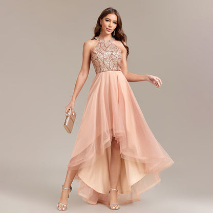 Heavy Industry Halter Sequin Stitching Multi Layer Mesh Sleeveless Irregular Asymmetric Hem Pettidress Ball Gown Organza
