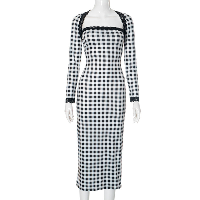 Lace Plaid Printed Tube Top Dress Two Piece Sets A Shawl