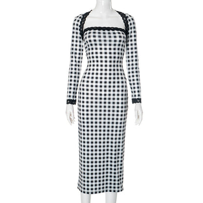 Lace Plaid Printed Tube Top Dress Two Piece Sets A Shawl