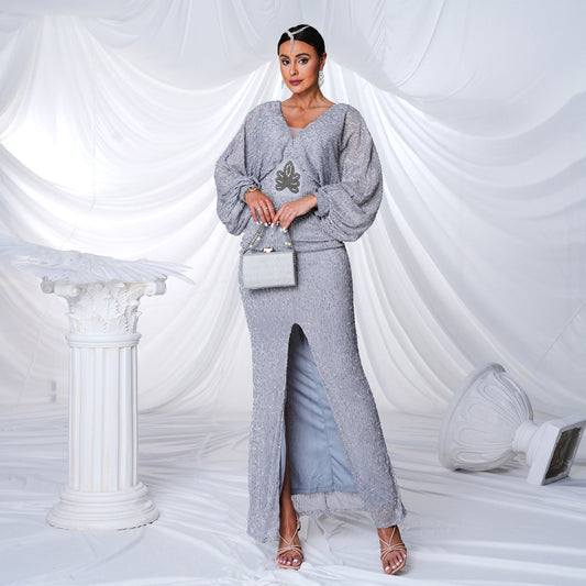 Elegant Long Sequined Long Sleeve V neck Cocktail Split Evening Dress Bridesmaid