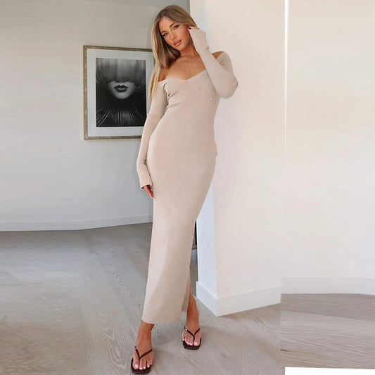 Solid Color Irregular Asymmetric Shoulder Back Slit Maxi Dress