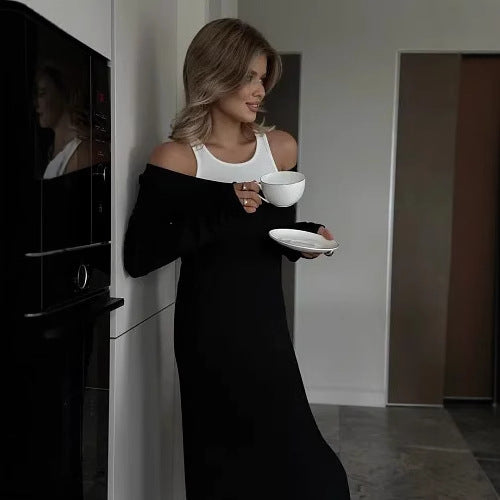 Long Sleeve Stitching Faux Two Piece Vest Dress