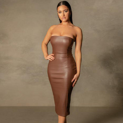Solid Color Faux Leather Elegant Slim-Fit Tube Top Back Slit Midi Dress