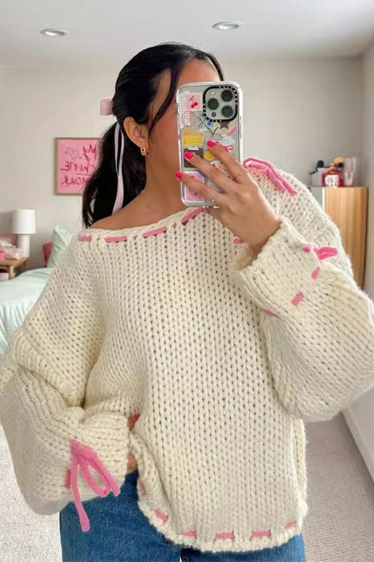 Tie-Drawstring Patterned Sweater Top