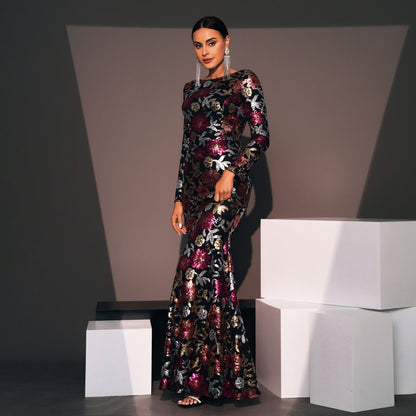 Evening Dress Long Sleeve Crew Neck Slim Long Sequined Cocktail Bridesmaid Dress