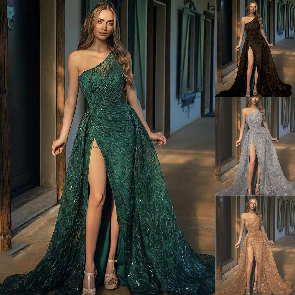 off-Shoulder Split Maxi Dress Toast Dress Sequin Sling Evening Dress