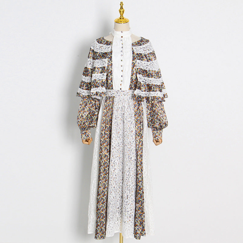 Elegant High Waist Lace Maxi Dress Cape Shawl Design Printed Maxi