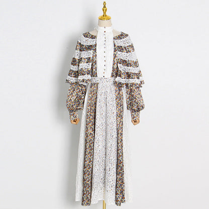 Elegant High Waist Lace Maxi Dress Cape Shawl Design Printed Maxi
