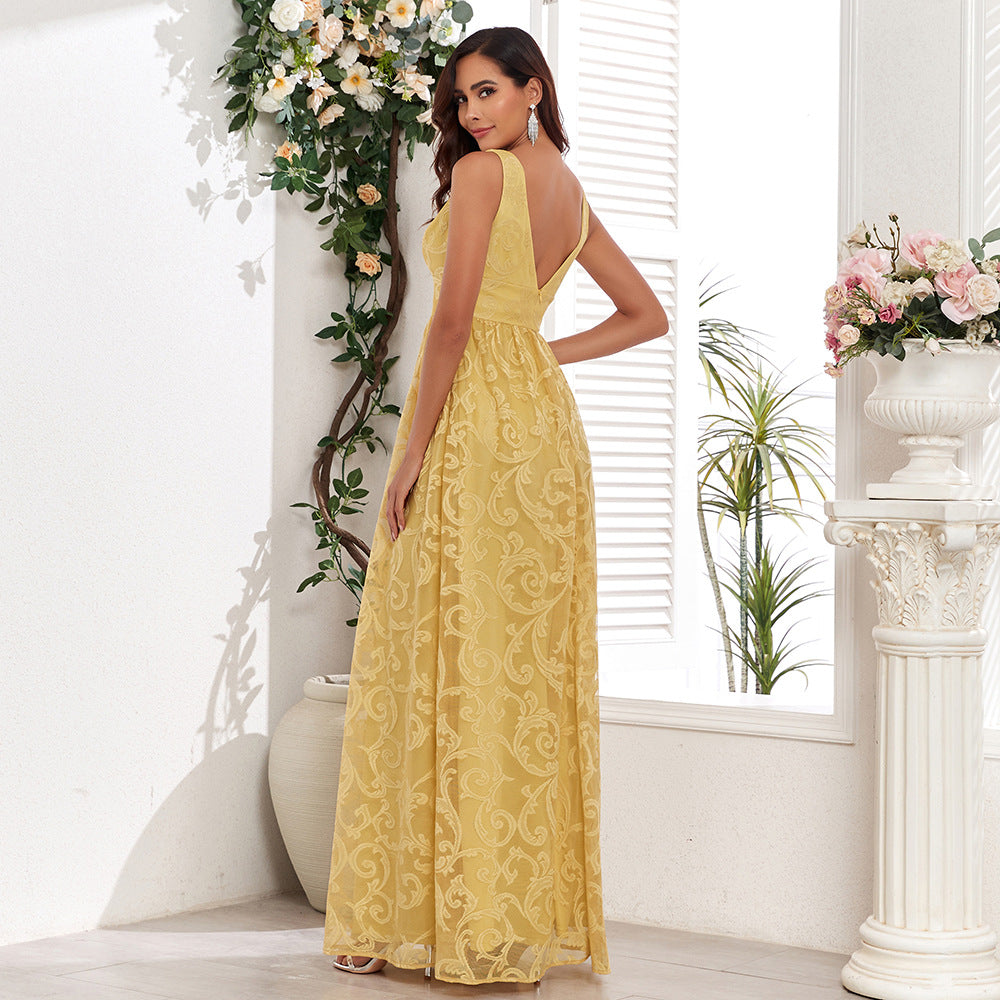 Sleeveless Pattern Lace Double V neck Elegant Evening Dress a Large Swing Back Zipper Full Lining Party Maxi Dress