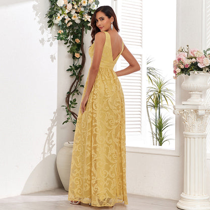 Sleeveless Pattern Lace Double V neck Elegant Evening Dress a Large Swing Back Zipper Full Lining Party Maxi Dress