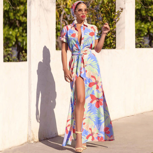 Printed Short Sleeved Lace up Cardigan Collared Dress