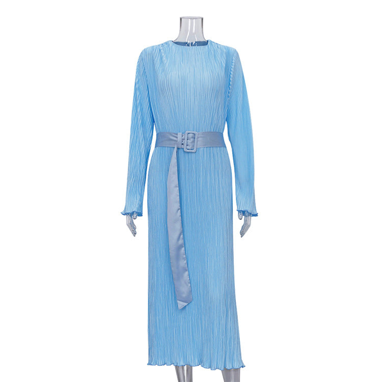 Long Sleeved Belt Pleated Dress Office High Sense Loose Maxi Dress
