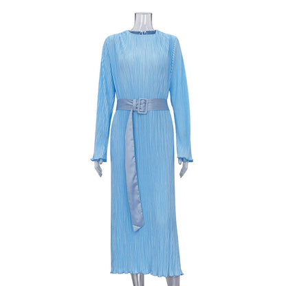Long Sleeved Belt Pleated Dress Office High Sense Loose Maxi Dress