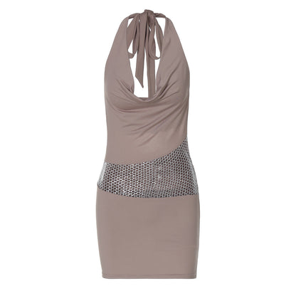 Backless Hollow Out Cutout out Stitching Halter Dress