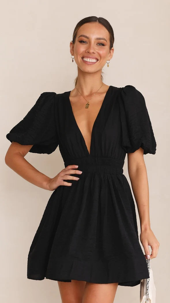 Sweet Deep V Plunge Waist Slimming Pleated Puff Sleeve Dress