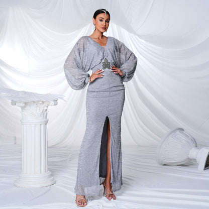 Elegant Long Sequined Long Sleeve V neck Cocktail Split Evening Dress Bridesmaid