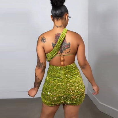 Green See-through Sequin Gauze Wrapped Chest Sloping Shoulder Backless Short Dress for