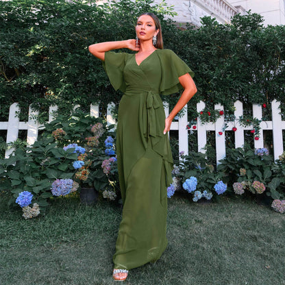 Elegant V Neck Short Sleeve Waist Controlled Beach Vacation Long Bohemian Large Swing