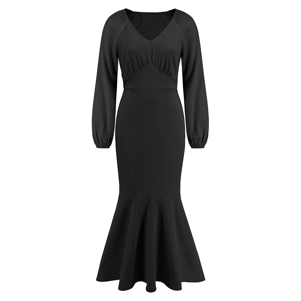 V Neck Long Sleeved Fishtail Dress Waist Slimming Slim Maxi Dress