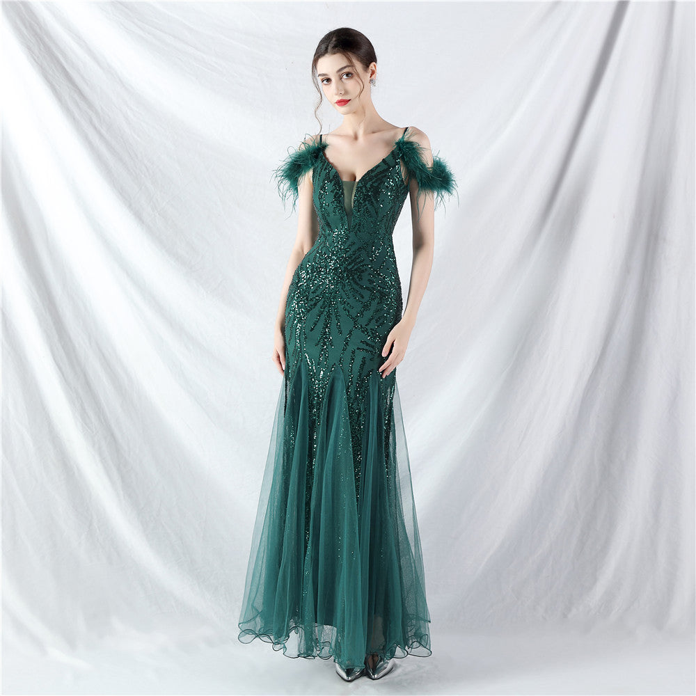 Color Craft Order Ostrich Feather Mesh Sequin Sling Dress Evening Dress