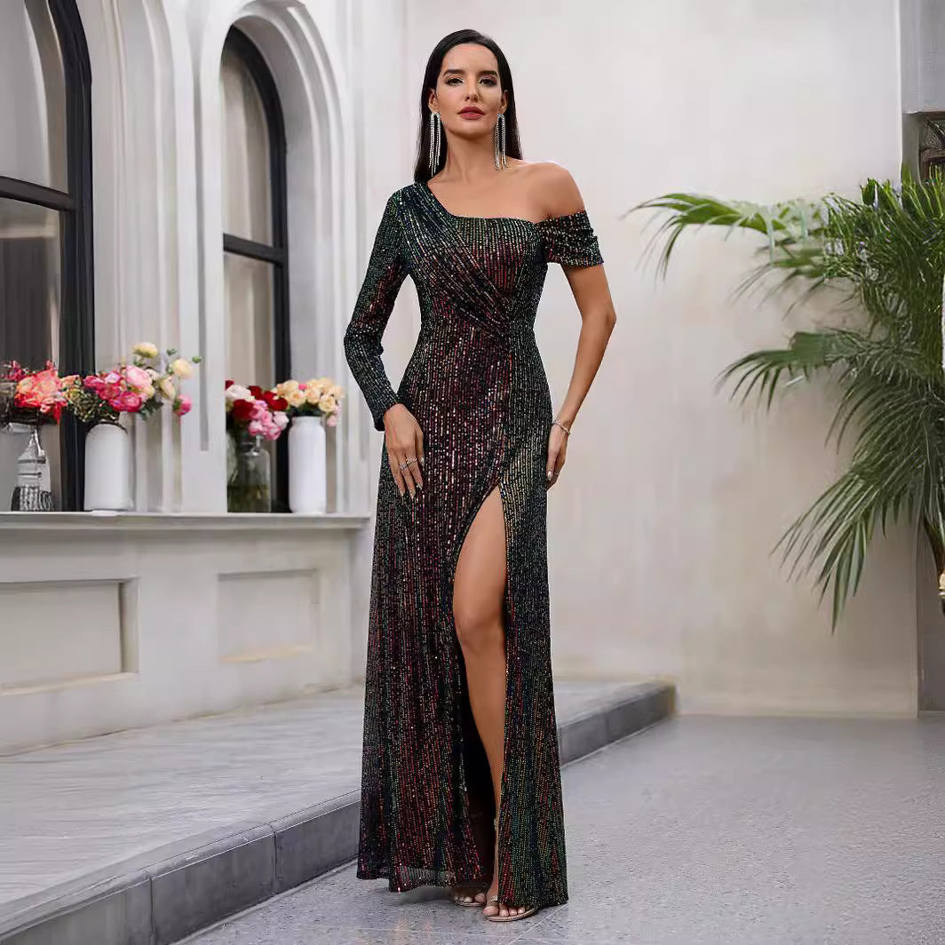 Popular Sequined Dress High Slit Oblique Collar Elegant Evening Dress