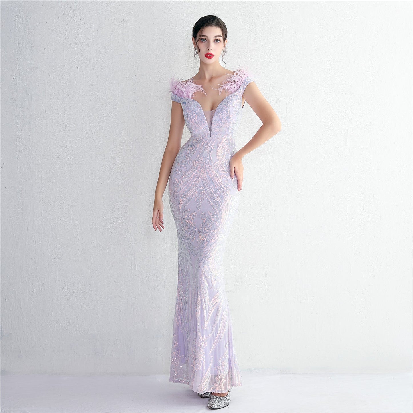 High Density Three Dimensional Strong Sequin Positioning Floral Craft Handmade Wool Cocktail Slim Fit Evening Dress