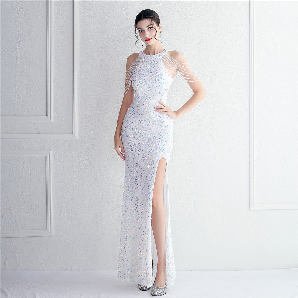 Heavy Industry Micro Glass Bead Craft Beaded Cocktail Evening Dress Elegant Long Halter Split Sequ
