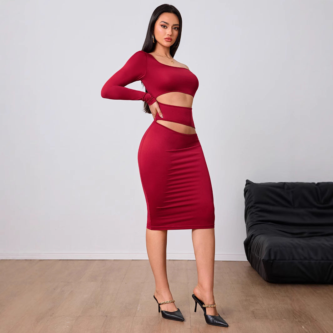 Wine Red Socialite Dress  Single Side Sleeve Midi Dress