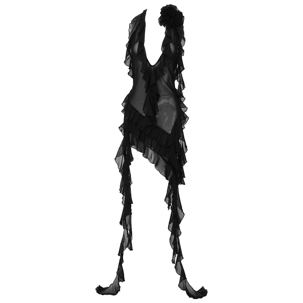 Multi Color Net Yarn Floral Ribbon Halter Ethnic Red Dress