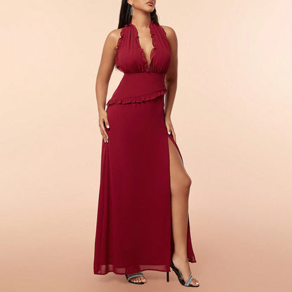 Elegant Dress Halter Sleeveless Tassel Backless High Slit Dress