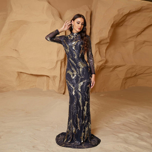 Long Sleeve Crew Neck Slim Long Sequined Cocktail Evening Dress Bridesmaid