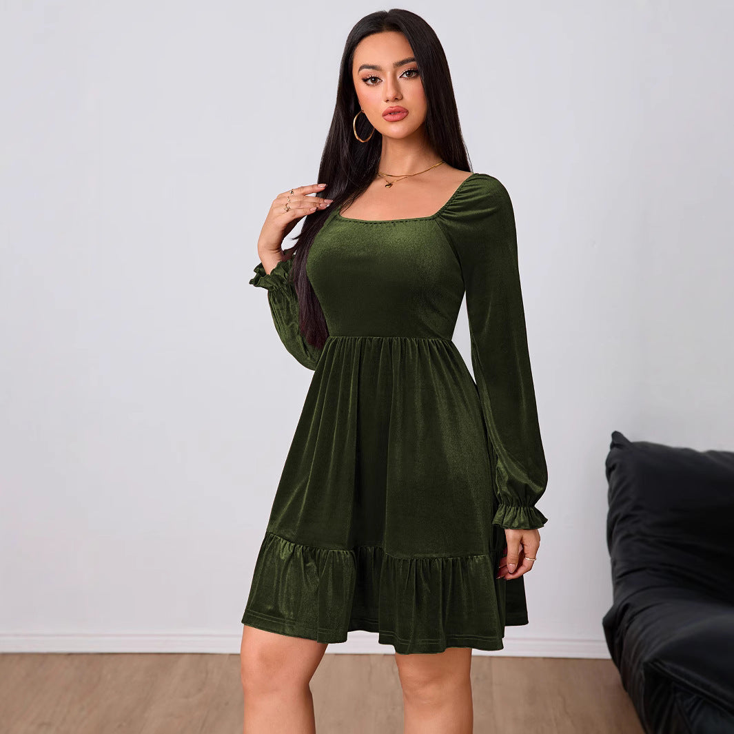 French Velvet Wine Red Dress  Midi Dress