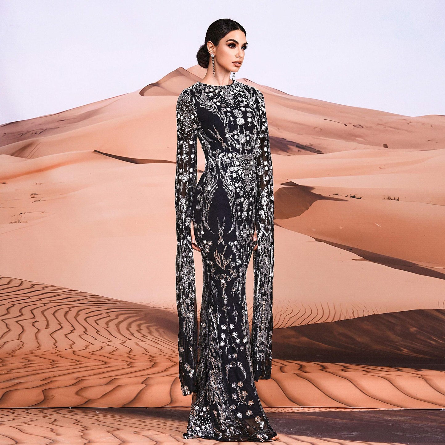 Super Long Sleeve Crew Neck Slim Long Sequined Cocktail Evening Dress Bridesmaid Dress