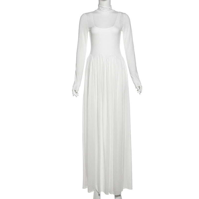 Sweet Fresh Solid Color Stitching Half High Collar Long Sleeves Slim Fit Maxi Dress Two Piece Sets