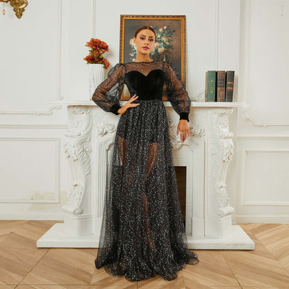 Long Sleeved round Neck Cocktail Sequin Gauze Large Swing Evening Dress Bridesmaid