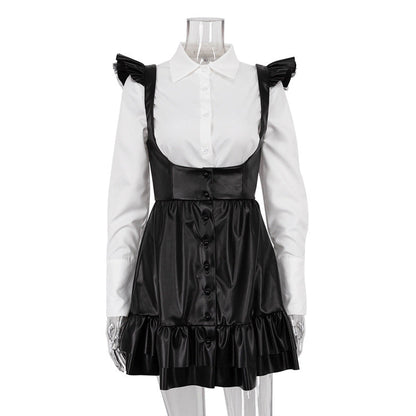 Black White Contrast Color Preppy Suit Long Sleeve Shirt Slip Dress Two Piece Set