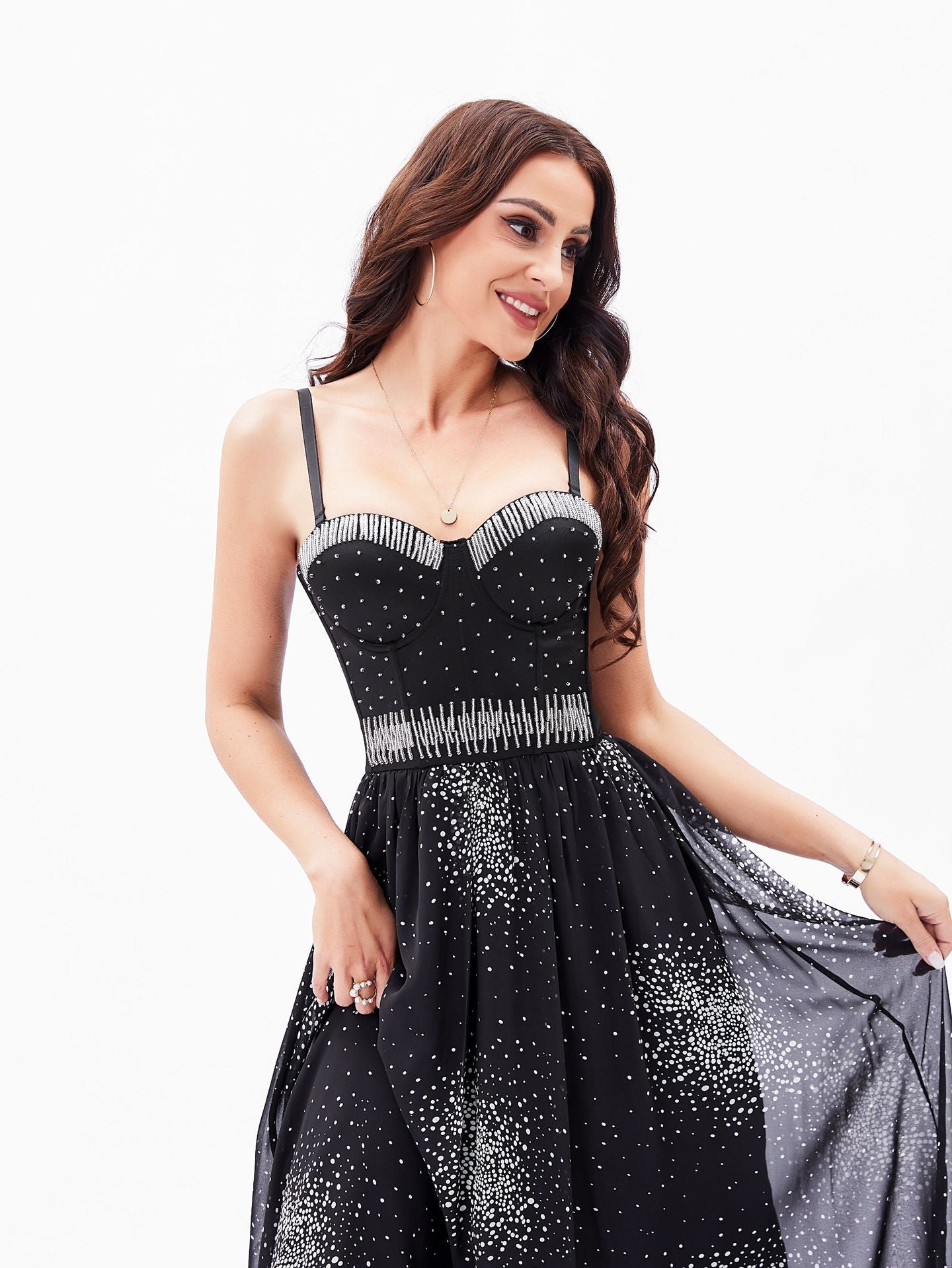 Backless Back Beautifying Underwear One Piece Boning Corset Dress Beaded Polka Dot Blooming A Line Dress