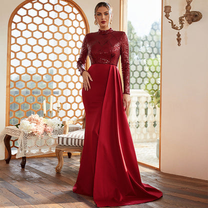 Elegant Long Sequined Long Sleeve round Neck Cocktail Annual Meeting Evening Dress Bridesmaid