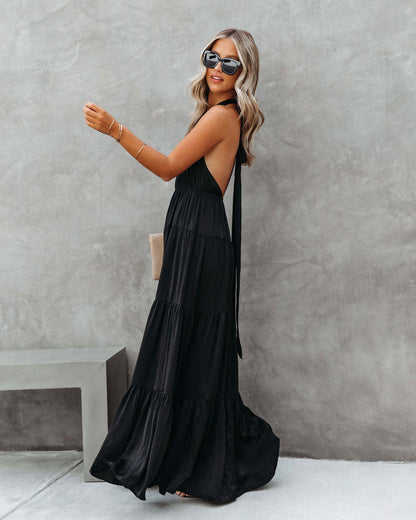 Elegant Halter Long Solid Color Dress for