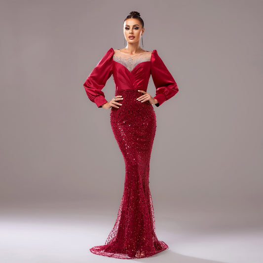 Long Sleeve round Neck Cocktail Hip Wrapped Rhinestone Sequined Evening Dress Bridesmaid Dress