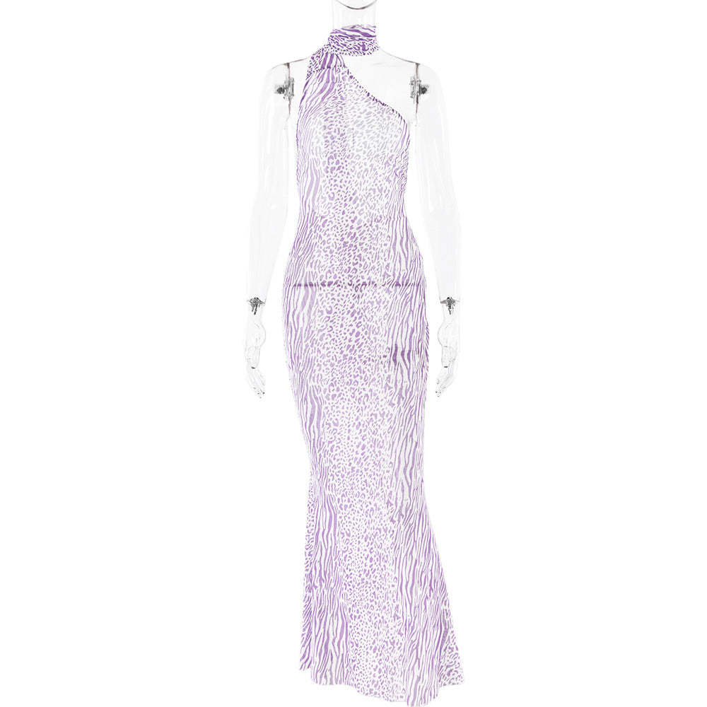 Mesh Sleeveless Dress Leopard Print Backless Halter Dress