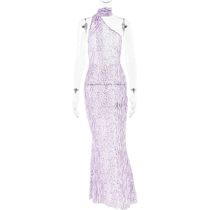 Mesh Sleeveless Dress Leopard Print Backless Halter Dress