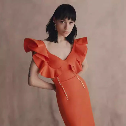 Elegant Orange Retro Bandage Midi Dress High End Dress