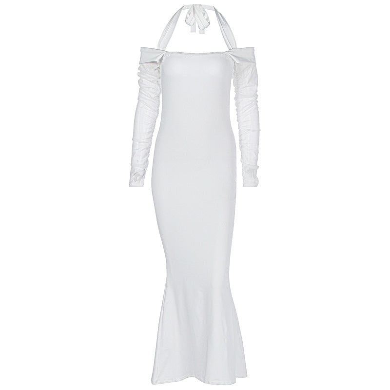 Personality Slim Fit Halterneck Long Sleeved Lace up off Shoulder Dress