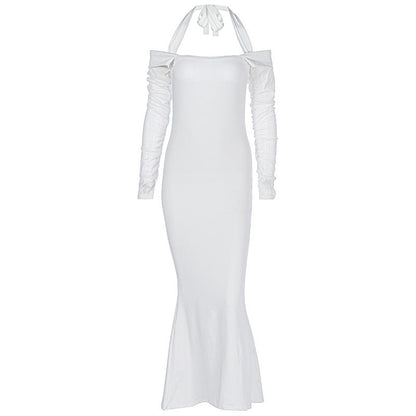 Personality Slim Fit Halterneck Long Sleeved Lace up off Shoulder Dress