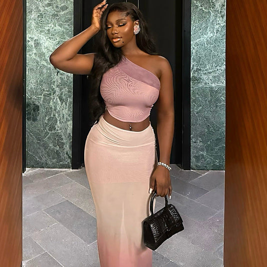 Fresh Cropped Sheath Tight Gradient Color Skirt Set Diagonal Collar Micro Transparent Dress Two Piece Set