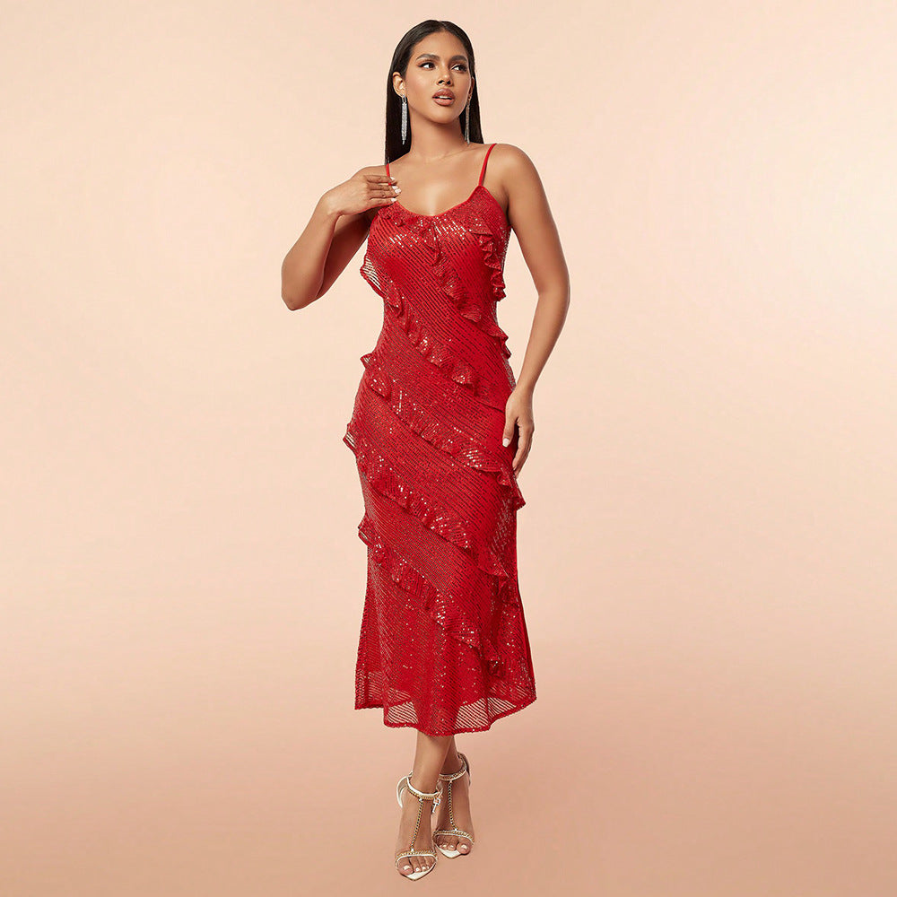 Sequined Backless Strap Long Evening Dress