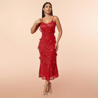 Sequined Backless Strap Long Evening Dress