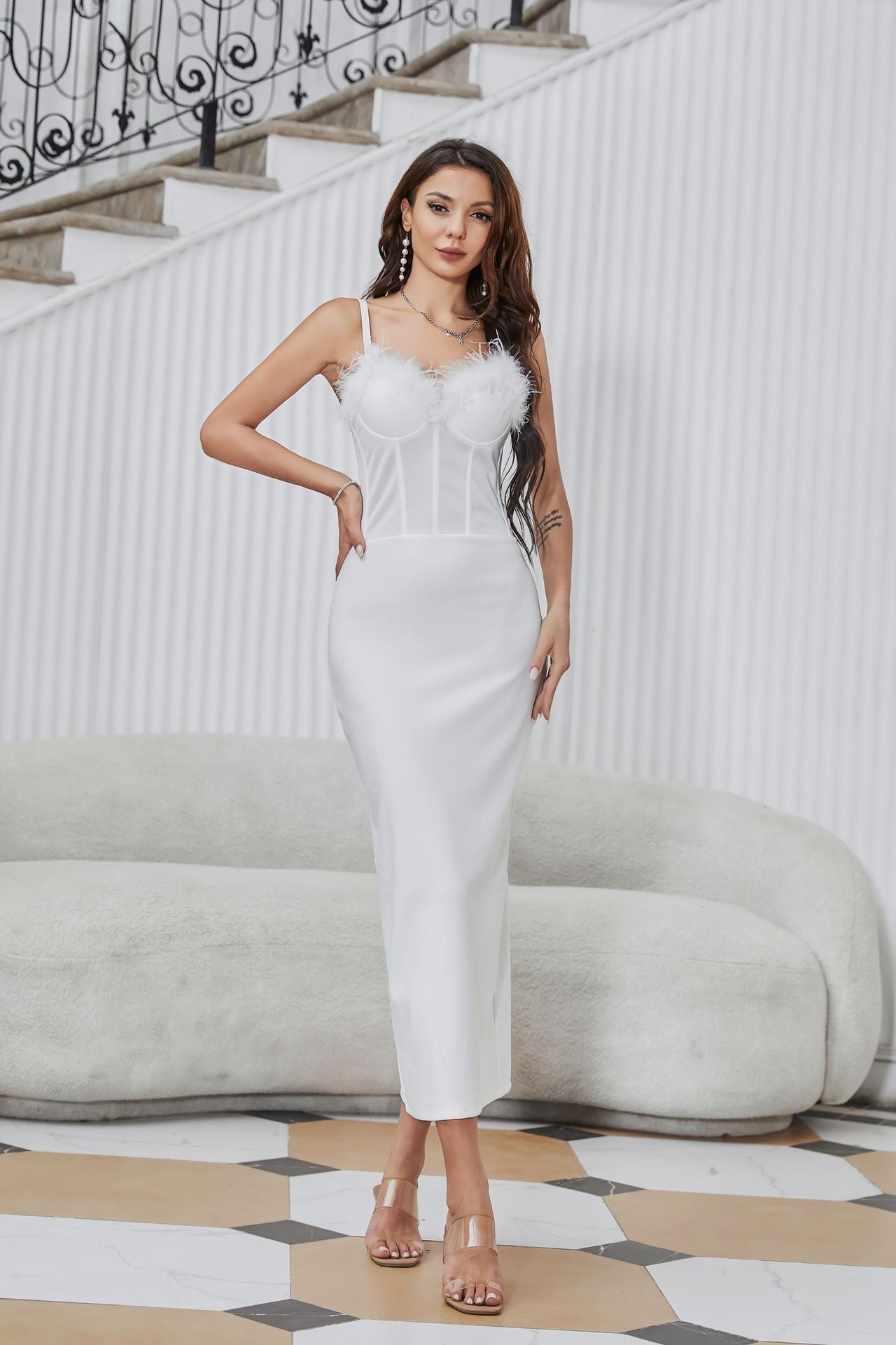 Sweet Spicy Feather Boning Corset Dress One Piece Fixed Cup Tube Top V neck Strap Hip